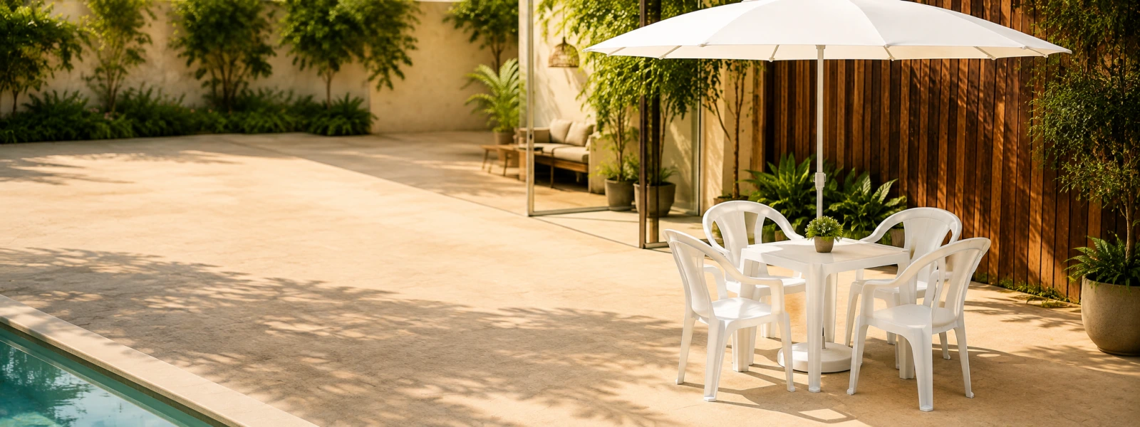 Banner da linha Lazer e Área Externa com guarda-sol na piscina