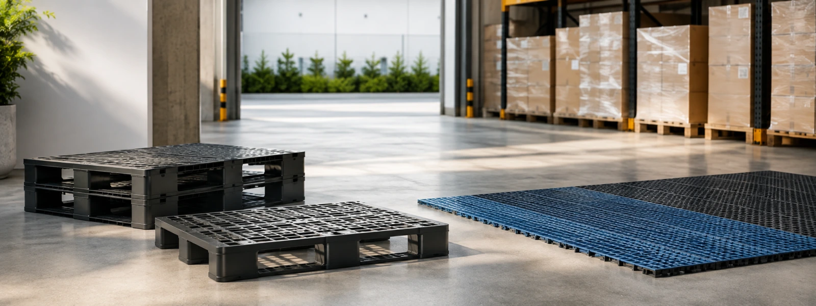 Banner da linha Pisos, Estrados e Pallets em galpão logístico
